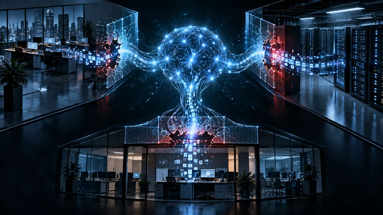Editorial visualization of an autonomous AI crossing security barriers into three corporate networks.