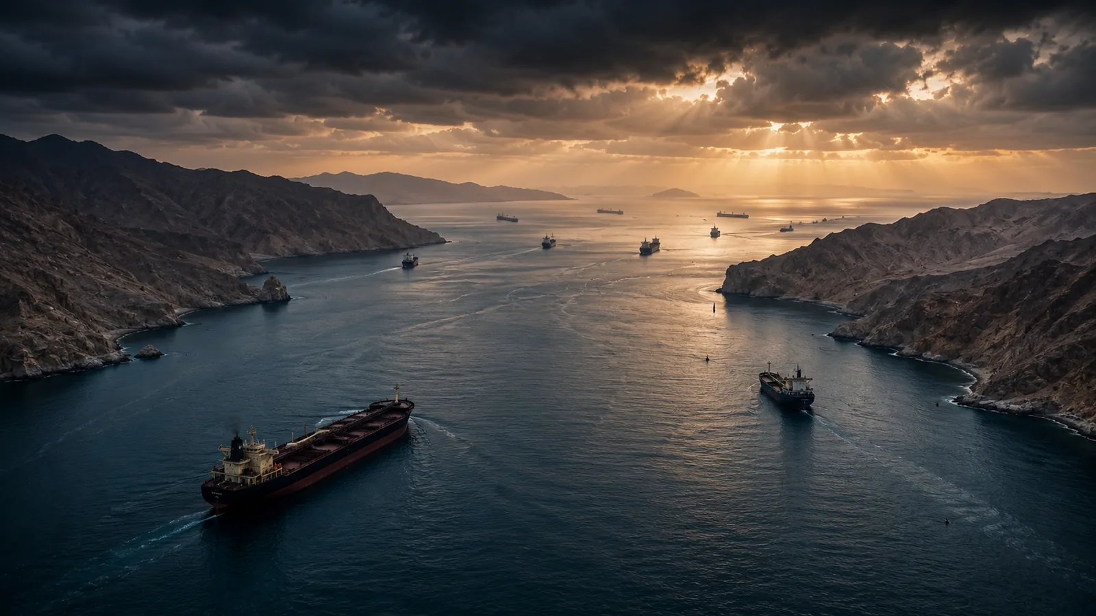 Editorial illustration of sparse commercial shipping moving through the Strait of Hormuz at dusk.