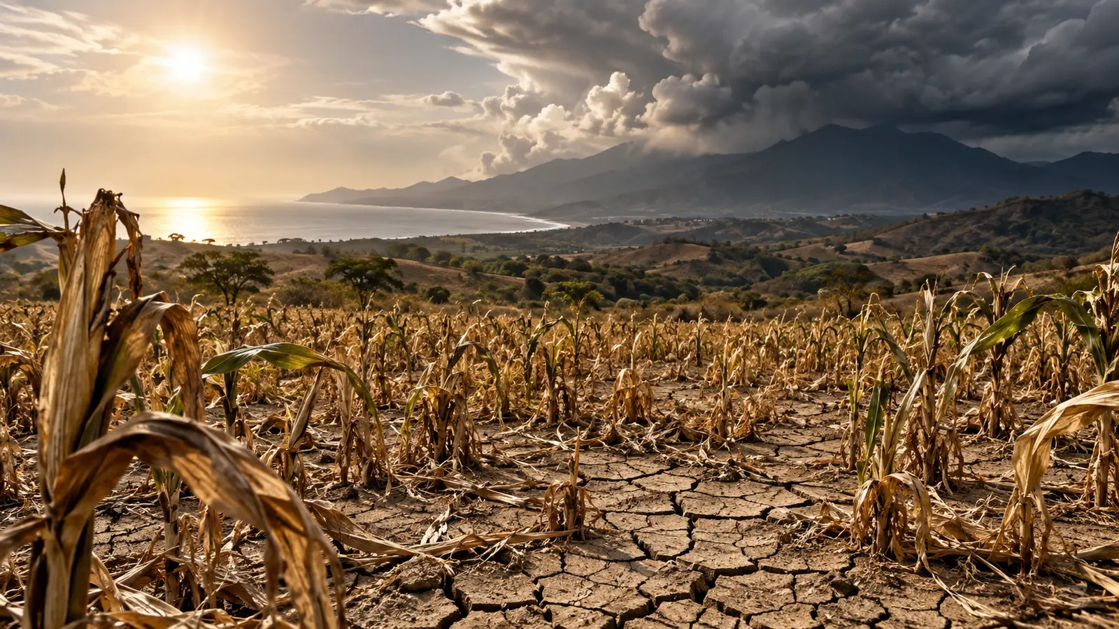 Symbolic editorial landscape of drought-stressed Central American maize fields beneath gathering storm clouds.