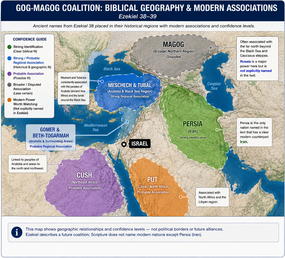 Map of the ancient regions named in Ezekiel 38 with confidence levels for modern geographic associations, emphasizing Persia as Iran while treating Magog and other northern identifications more cautiously.