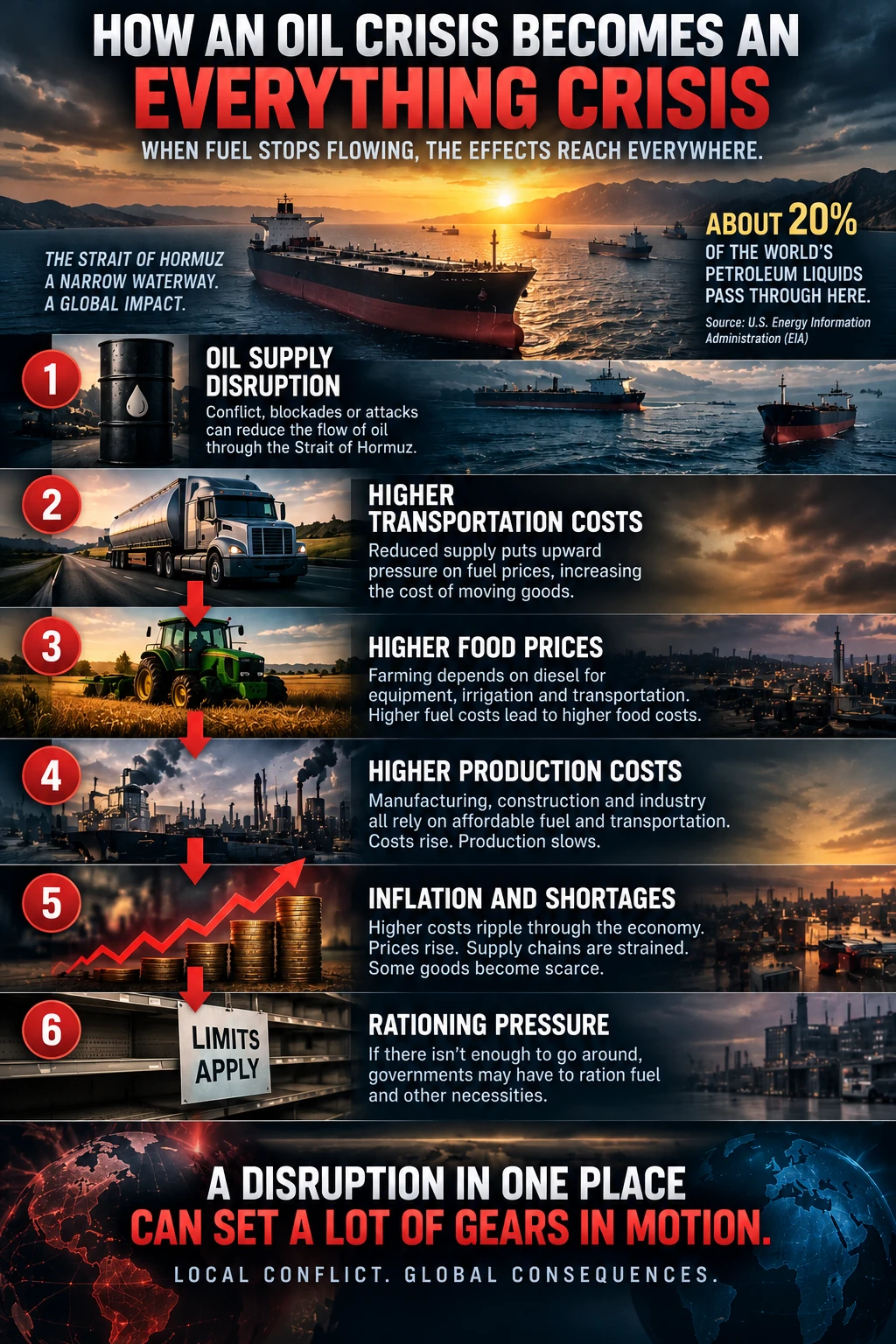 Infographic showing how an oil disruption can lead to higher transportation, food and production costs, inflation, shortages and rationing pressure.