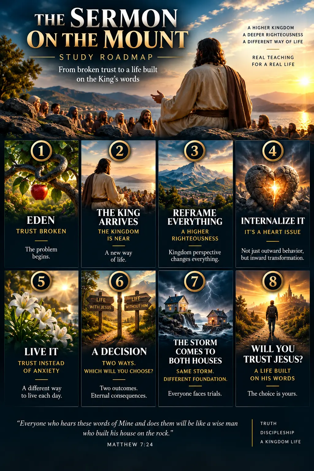 Study roadmap moving from trust broken in Eden through the King’s arrival, the Sermon’s three major movements, the two houses under the same storm, and the call to trust Jesus.