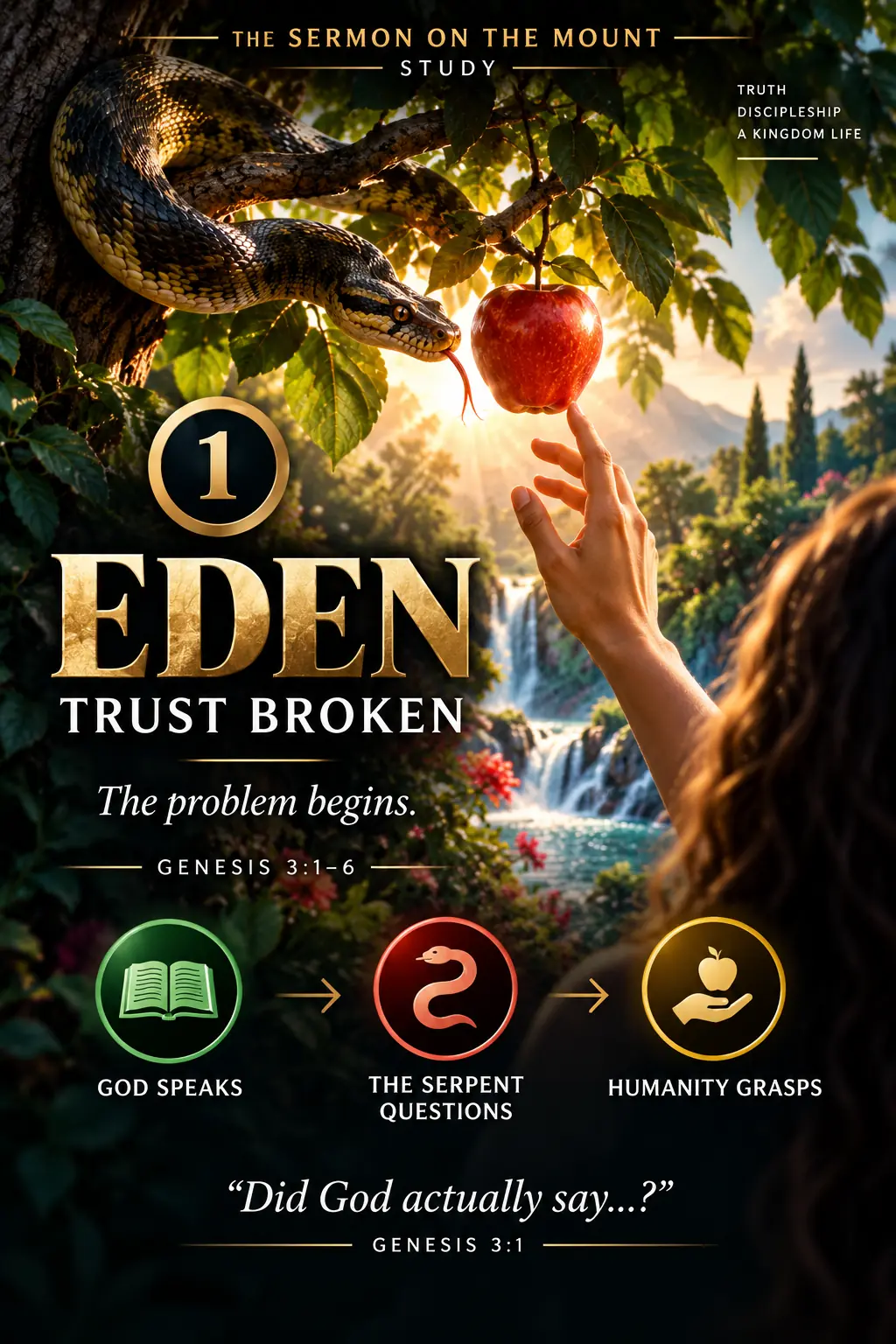 Eden scene showing how humanity’s trust was broken when the serpent challenged God’s word and people grasped rather than trusted Him.