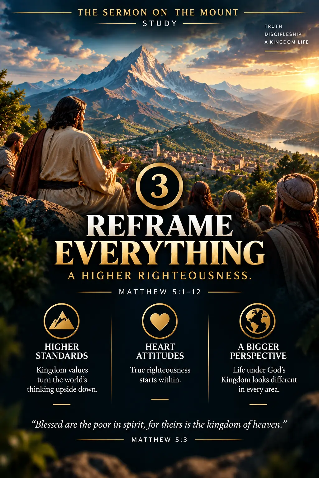 Part One, Reframe Everything: trust the King’s description of reality through the Beatitudes, Kingdom promises, reward, salt and light, and fulfillment.