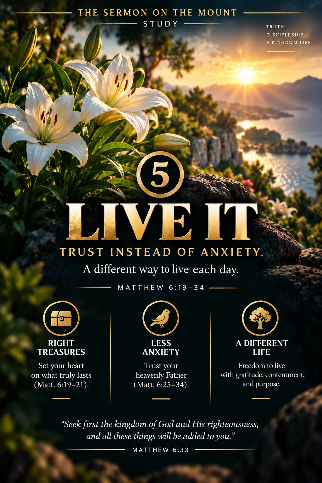 Part Three, Live It: trust the Father enough to live differently with treasure, worry, prayer, and Kingdom priority.