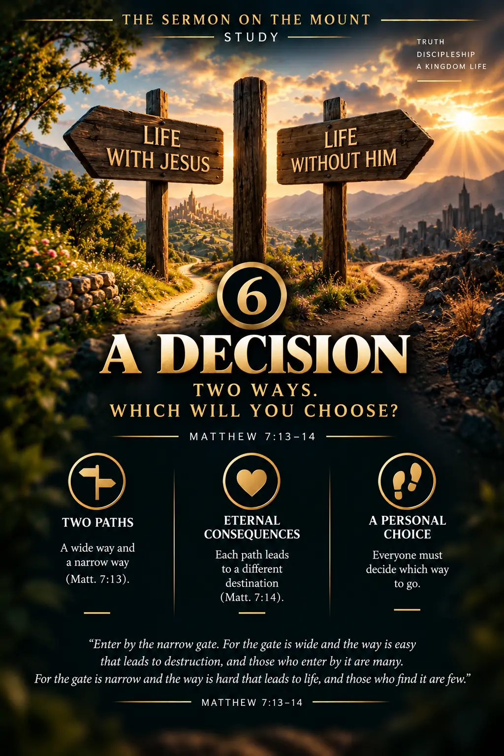 Jesus brings the Sermon toward a decision through the Golden Rule, two gates and two ways, warnings about false fruit, and the call to true allegiance.