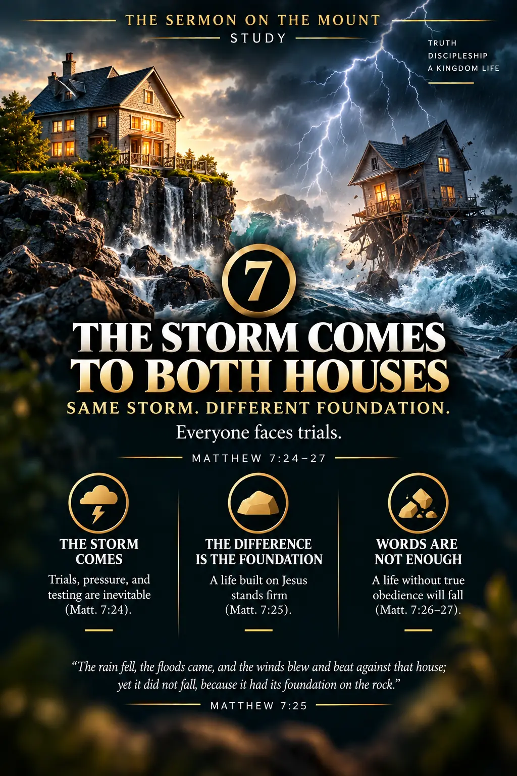 The same storm strikes both houses, but the house founded on hearing and doing Jesus’ words stands while the house built on sand falls.
