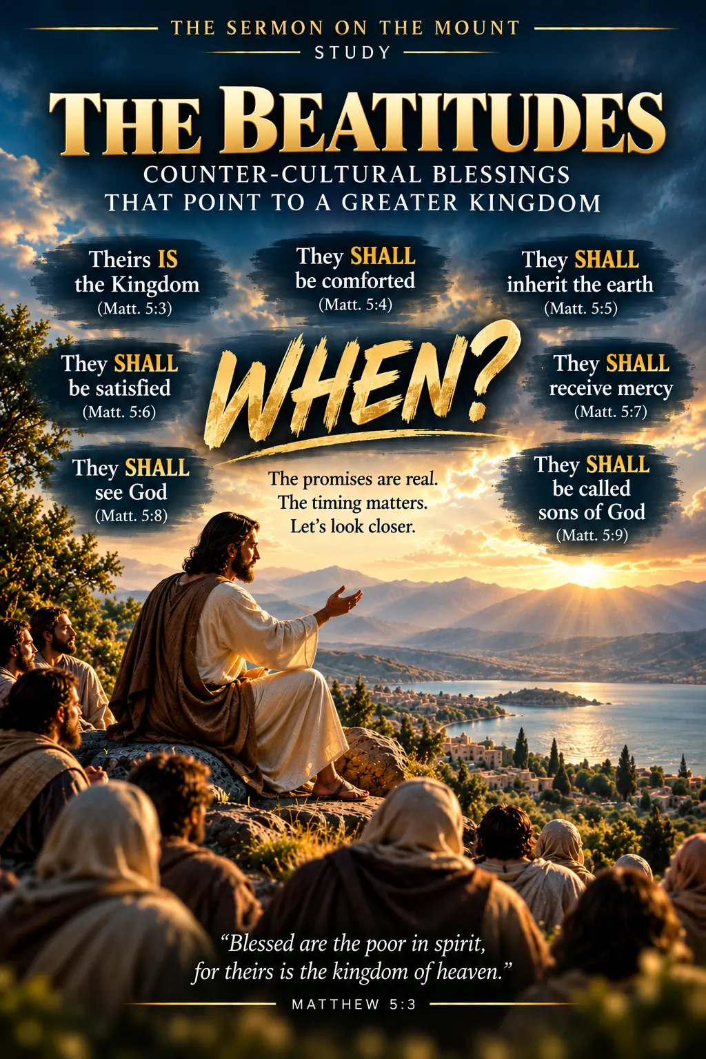 The Beatitudes alternate between present-tense promises—such as theirs is the Kingdom—and future promises describing what shall be fulfilled, raising the question: When?