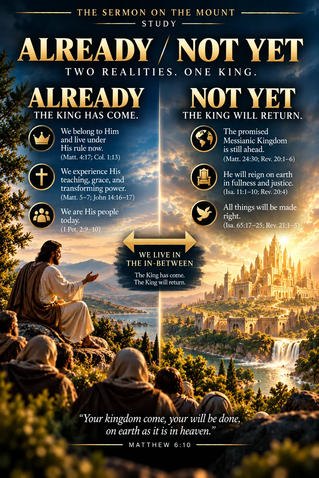 Already and not yet: Jesus the King has already come and His followers live under His rule now, but He has not yet returned to establish the promised Messianic Kingdom in its fullness.