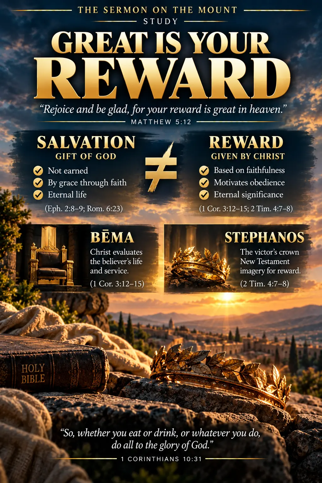 Jesus tells His persecuted disciples that their reward is great in heaven, introducing the distinction between salvation and reward and the later New Testament teaching about the Bēma and stephanos crown.